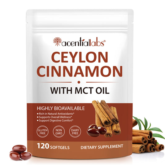 Acentiallabs 120 Cápsulas Blandas Sin GMO Sin Gluten Antioxidante Soporte Digestivo Suplemento de Canela de Ceilán con Aceite MCT